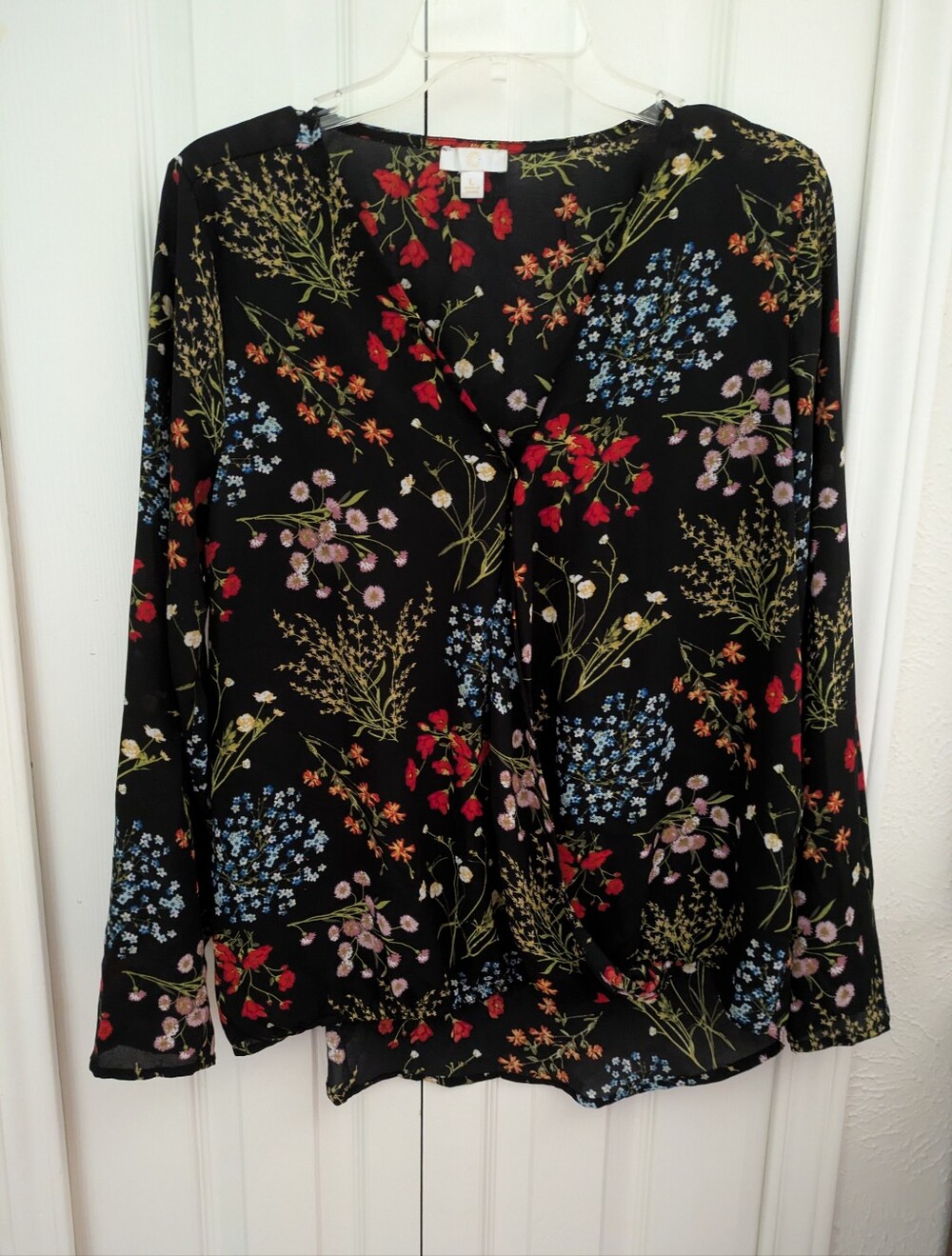 Floral Long Sleeve Black Blouse